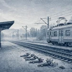 Dnipro drone strike illustration of a Ukrainian railway station platform at dawn