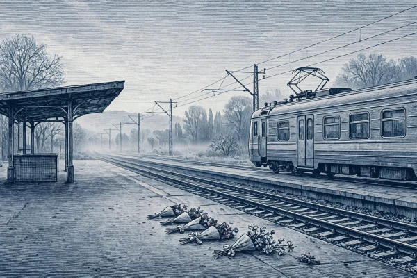 Dnipro drone strike illustration of a Ukrainian railway station platform at dawn