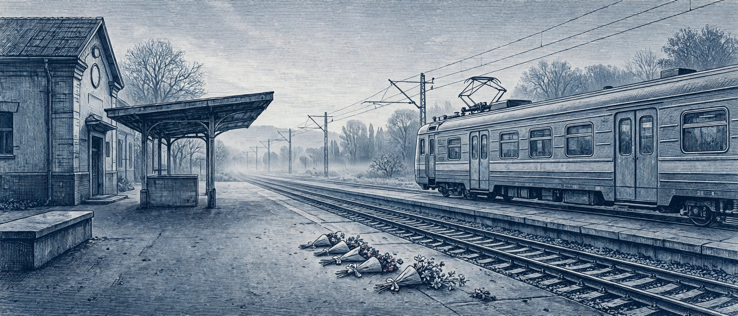 Dnipro drone strike illustration of a Ukrainian railway station platform at dawn