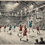 WNBA Finals Game 6 illustration of a women's basketball game in a packed arena