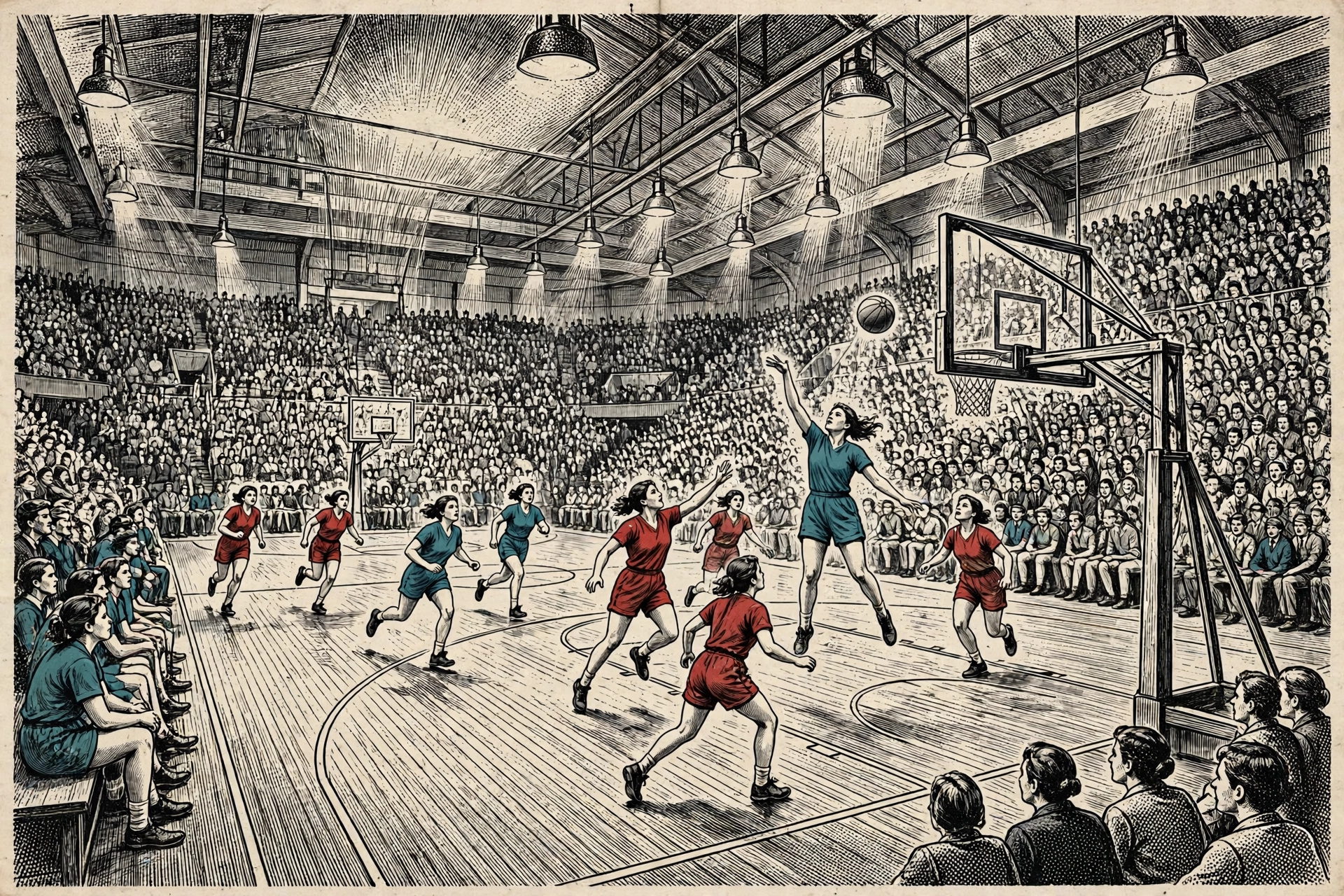 WNBA Finals Game 6 illustration of a women's basketball game in a packed arena